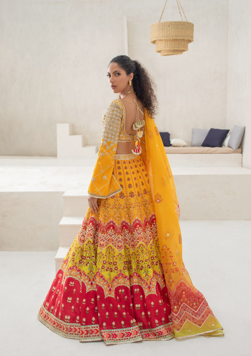 Pakistani Canary Yellow Gota Self Jamawar Lehenga Choli (3-Piece) - Image 5