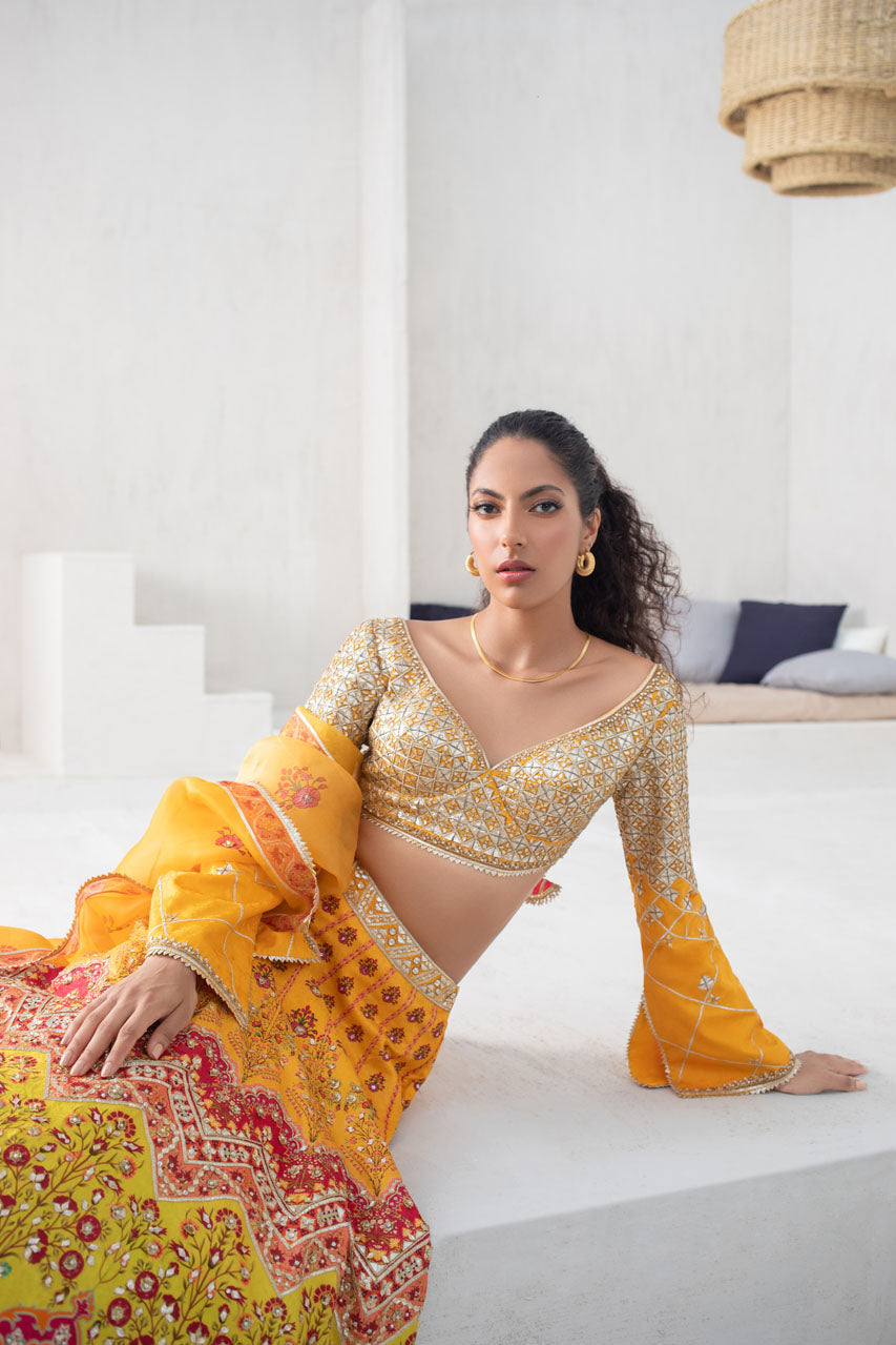 Pakistani Canary Yellow Gota Self Jamawar Lehenga Choli (3-Piece) - Image 6