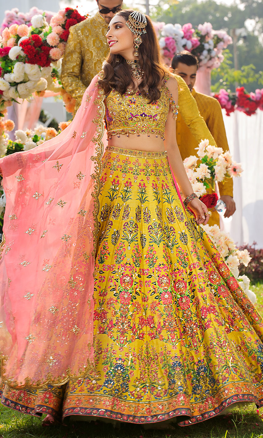 Yellow Crystal-Embellished Silk-Blend Lehenga Choli (3-Piece) - Image 1
