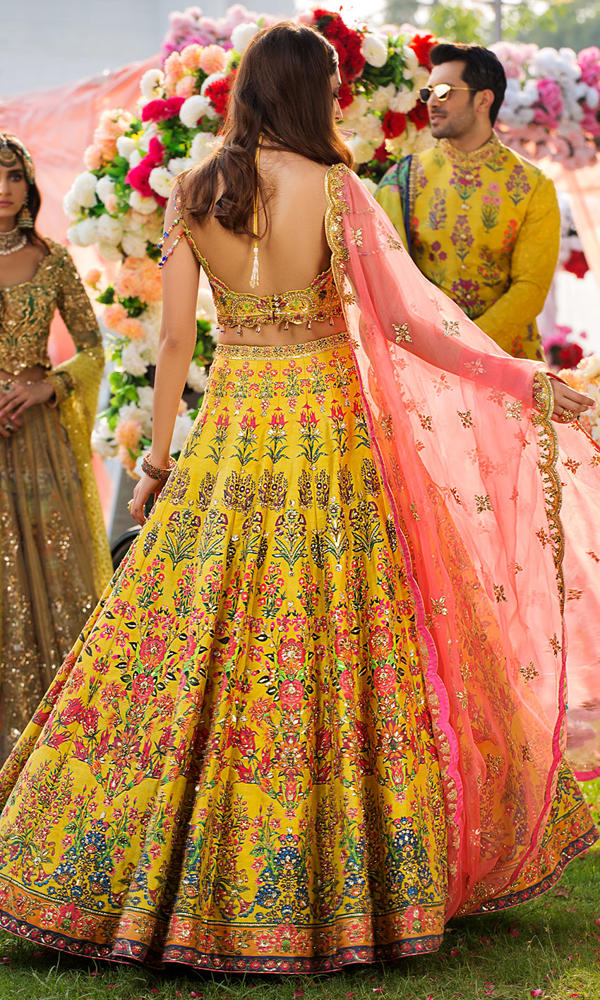 Yellow Crystal-Embellished Silk-Blend Lehenga Choli (3-Piece) - Image 4