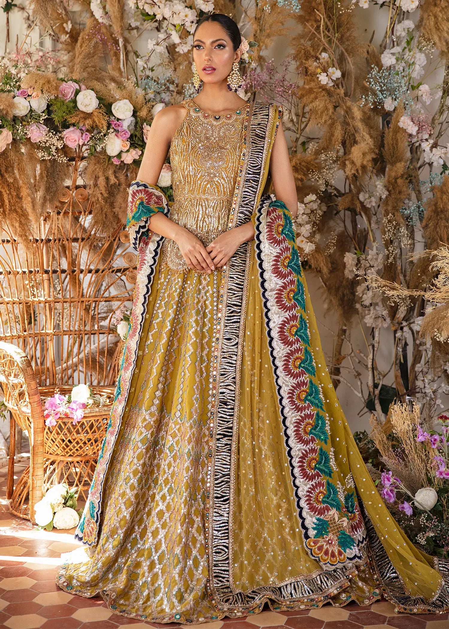 Mustard Hand-Embellished Silk-Blend Lehenga (3-Piece) - Image 1