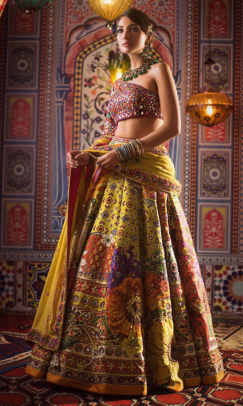 Pakistani Yellow Mirror-Worked Silk-Blend Lehenga Choli (3-Piece) - Image 1