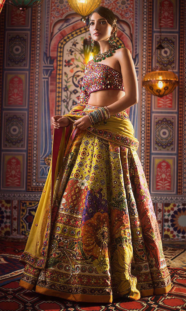 Pakistani Yellow Mirror-Worked Silk-Blend Lehenga Choli (3-Piece) - Image 2