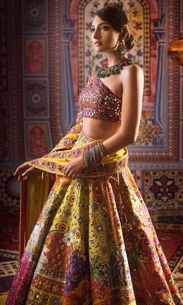 Pakistani Yellow Mirror-Worked Silk-Blend Lehenga Choli (3-Piece) - Image 5