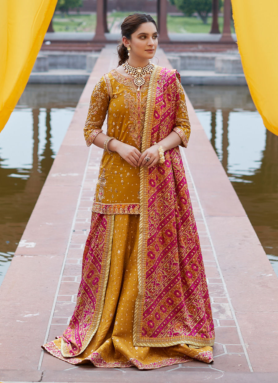 Pakistani Mustard Hand-Embellished Silk Lehenga (3-Piece) - Image 1