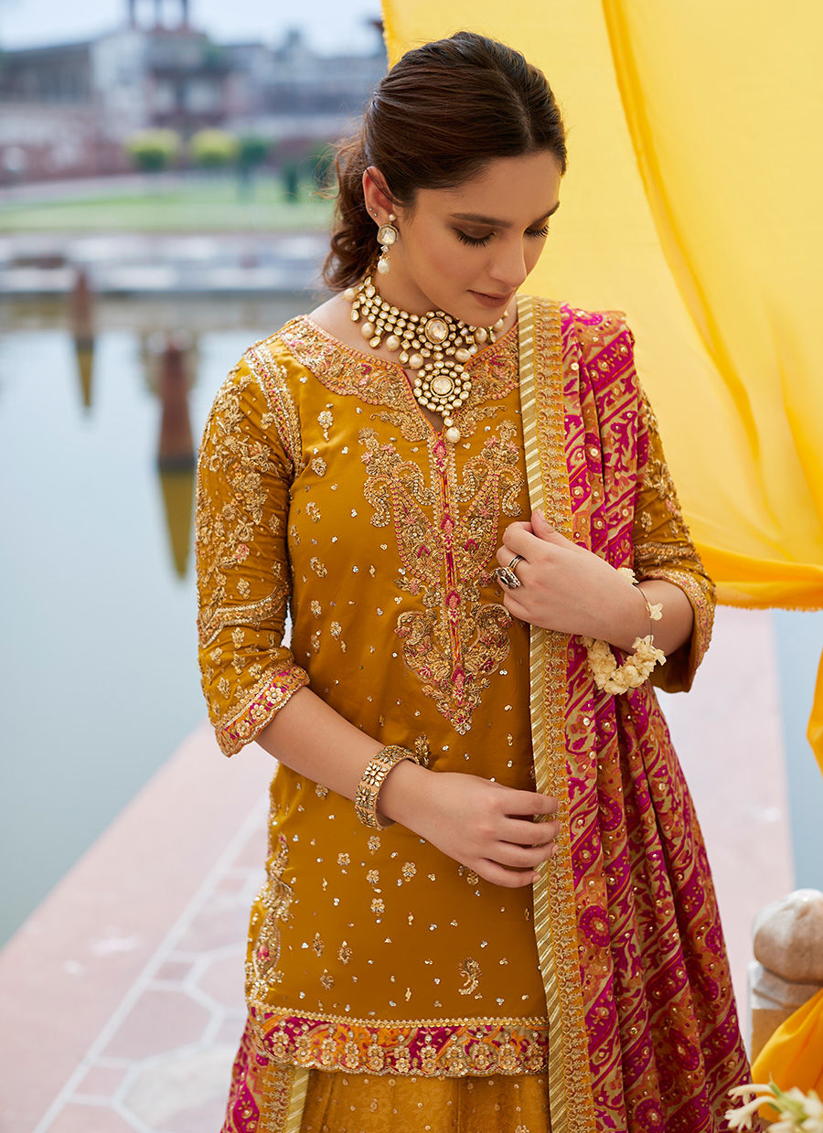 Pakistani Mustard Hand-Embellished Silk Lehenga (3-Piece) - Image 10