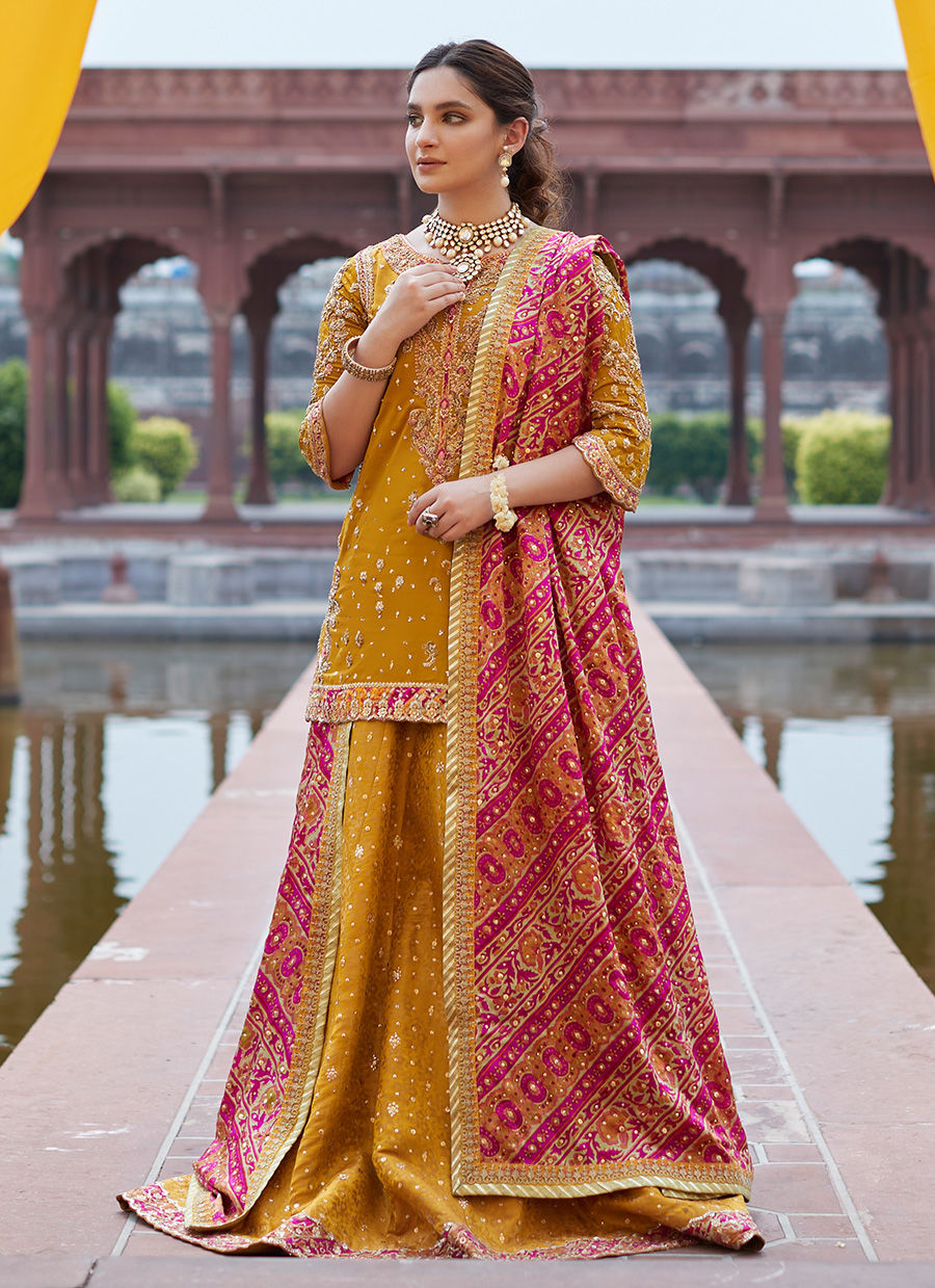 Pakistani Mustard Hand-Embellished Silk Lehenga (3-Piece) - Image 8