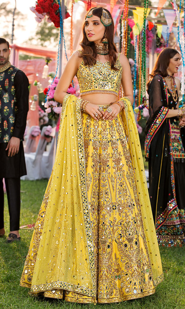 Pakistani Yellow Mirror Work Silk Lehenga Choli (3-Piece) - Image 2