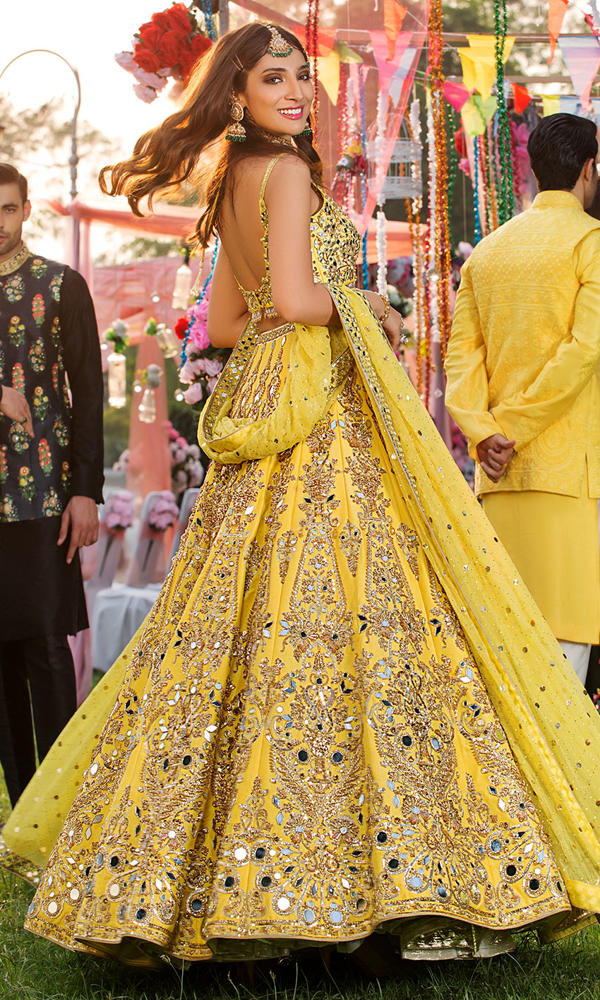 Pakistani Yellow Mirror Work Silk Lehenga Choli (3-Piece) - Image 4