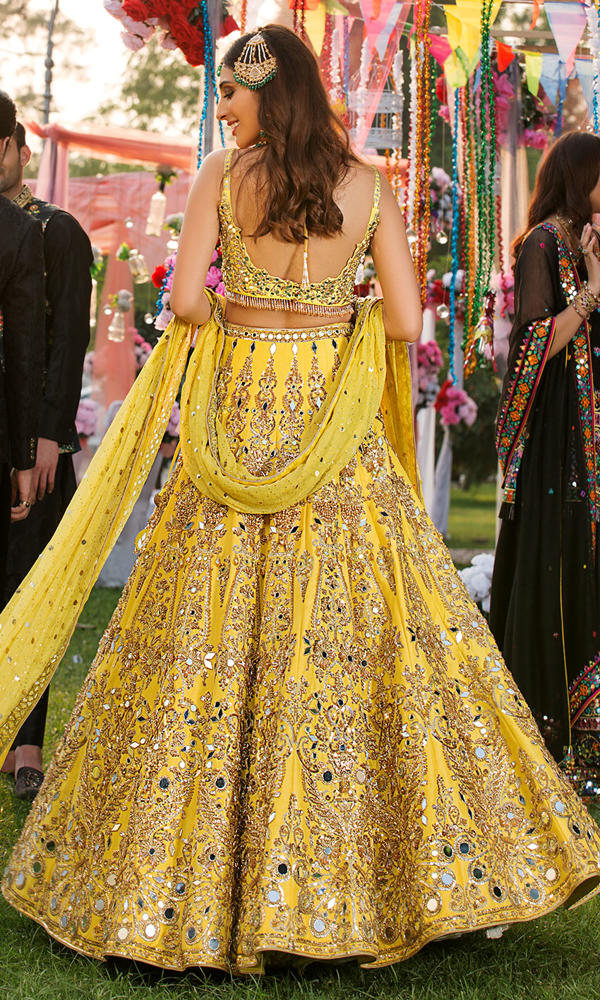 Pakistani Yellow Mirror Work Silk Lehenga Choli (3-Piece) - Image 5