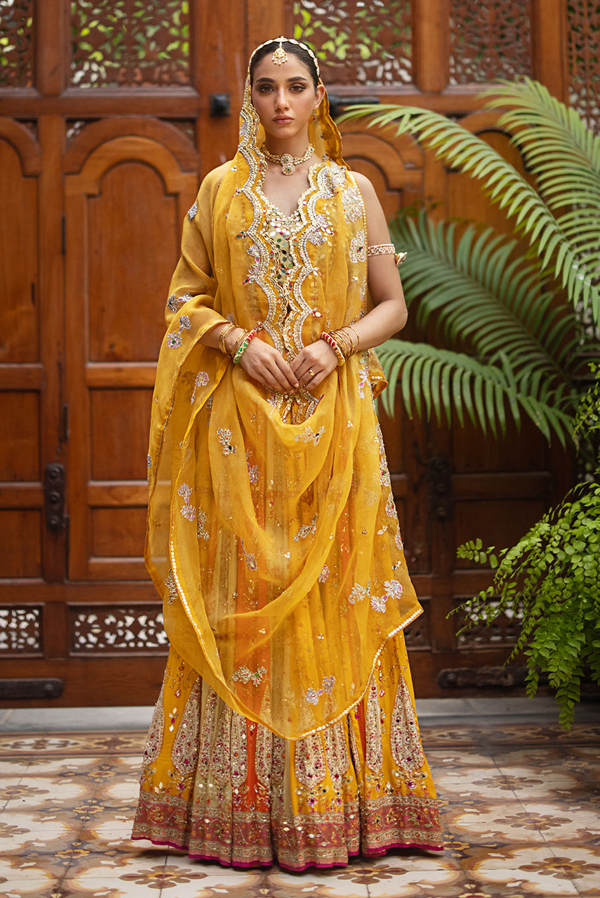 Mustard Embroidered Silk Lehenga (3-Piece) - Image 1