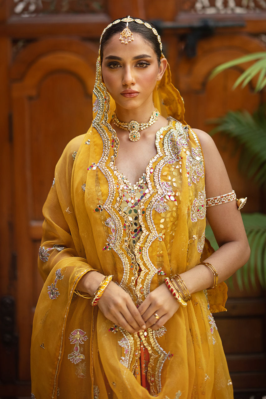 Mustard Embroidered Silk Lehenga (3-Piece) - Image 2