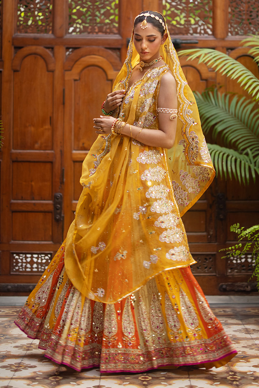 Mustard Embroidered Silk Lehenga (3-Piece) - Image 3