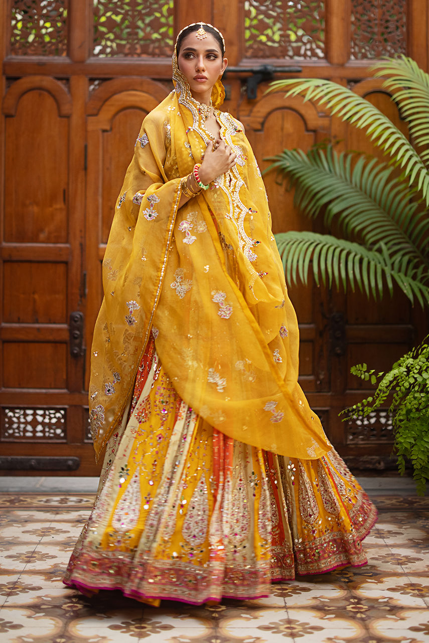 Mustard Embroidered Silk Lehenga (3-Piece) - Image 4
