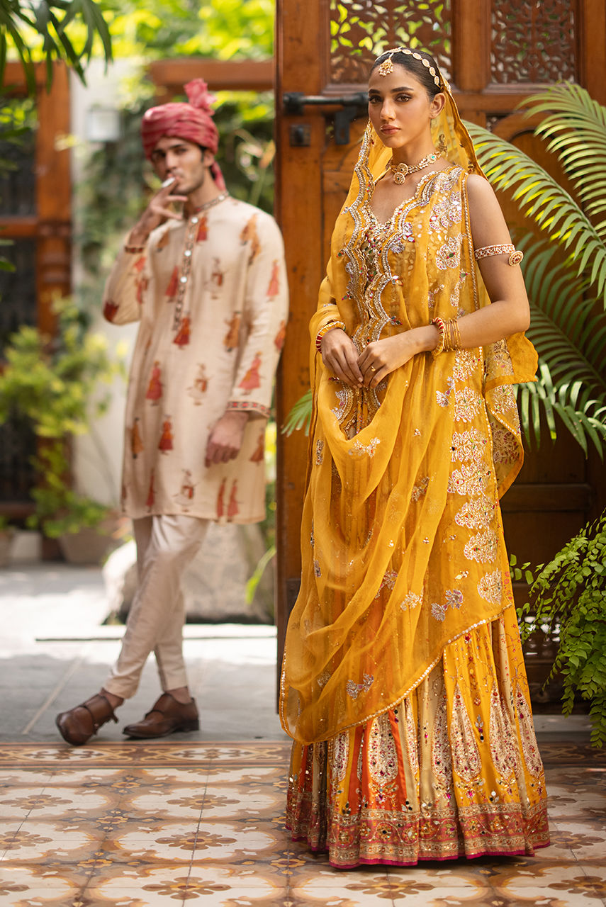 Mustard Embroidered Silk Lehenga (3-Piece) - Image 5