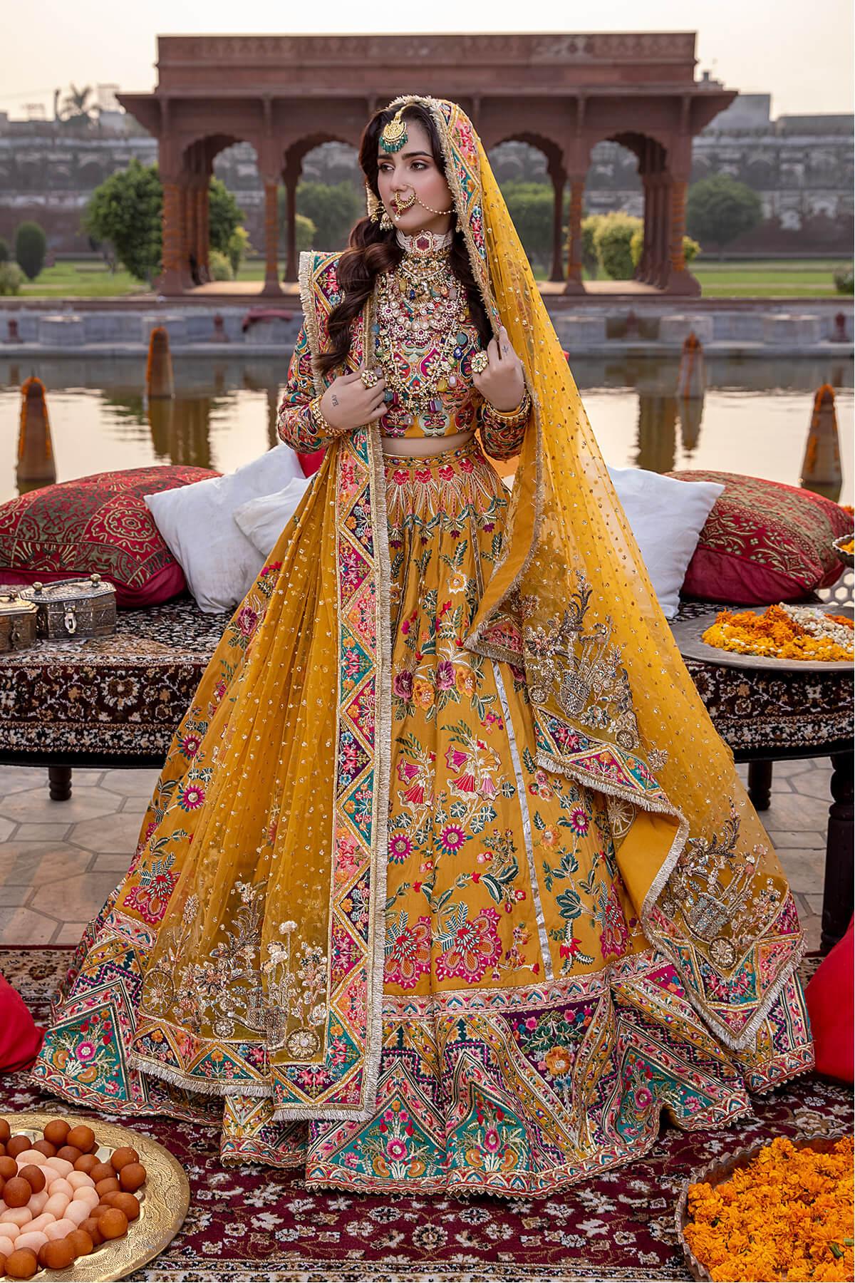 Pakistani Mustard Zardozi Silk & Net Lehenga (3-Piece) - Image 1