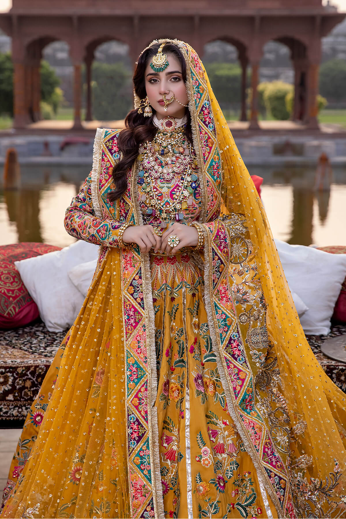Pakistani Mustard Zardozi Silk & Net Lehenga (3-Piece) - Image 2