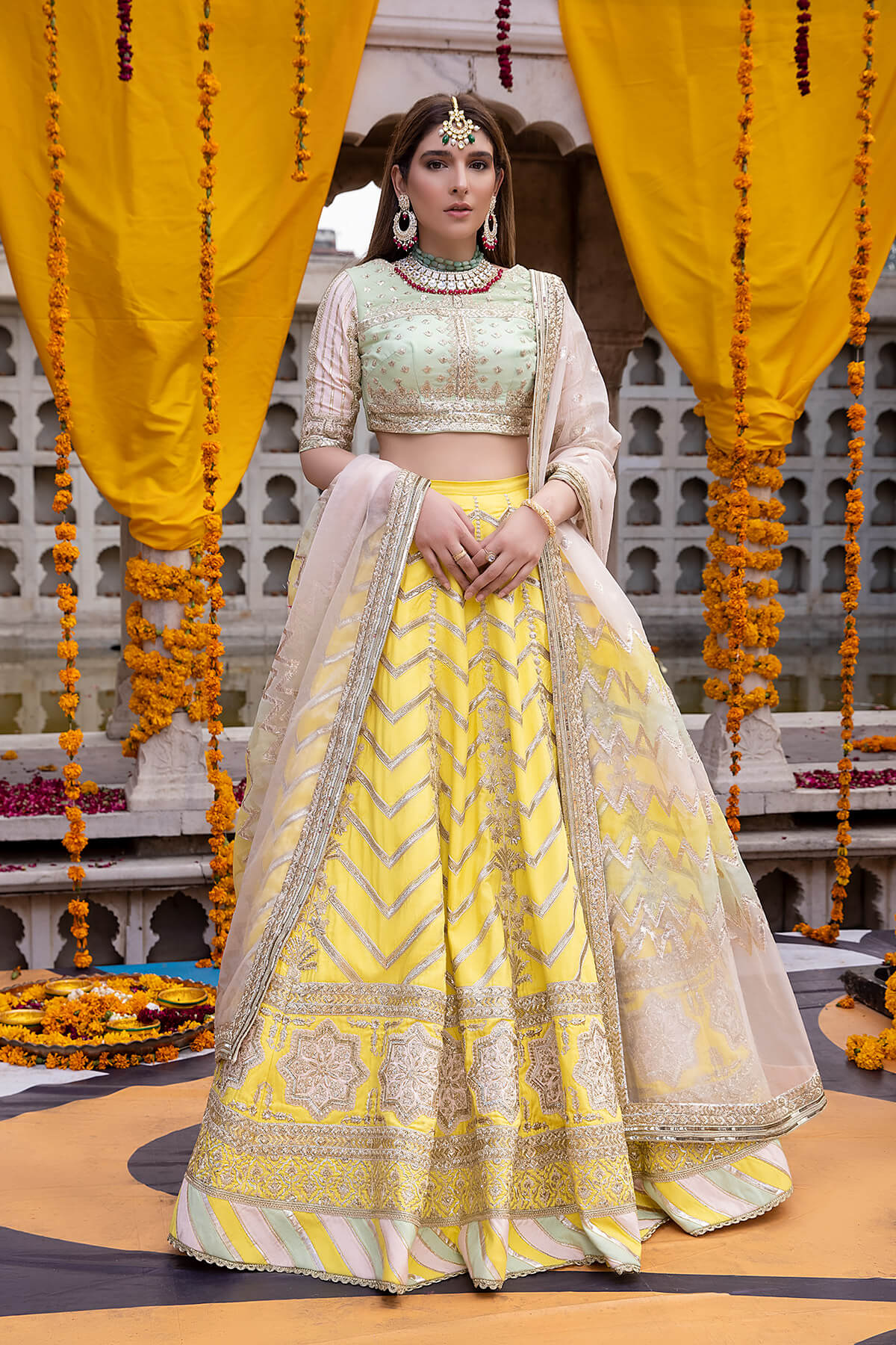 Pakistani Lemon Yellow Embroidered Silk & Zari Organza Lehenga (3-Piece) - Image 1