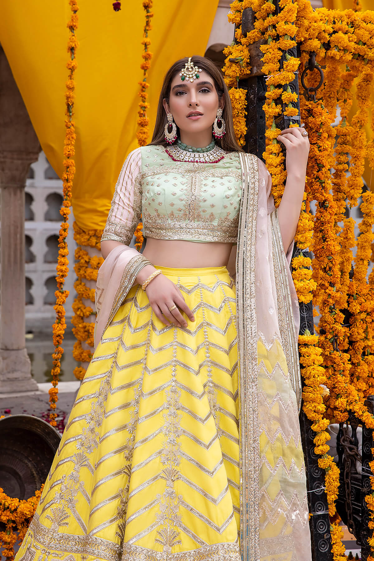 Pakistani Lemon Yellow Embroidered Silk & Zari Organza Lehenga (3-Piece) - Image 2