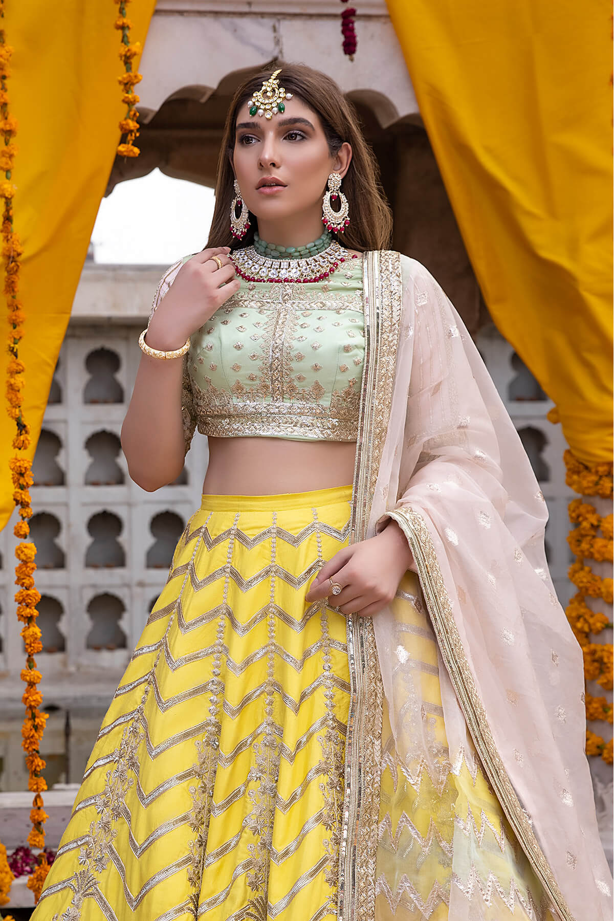 Pakistani Lemon Yellow Embroidered Silk & Zari Organza Lehenga (3-Piece) - Image 3