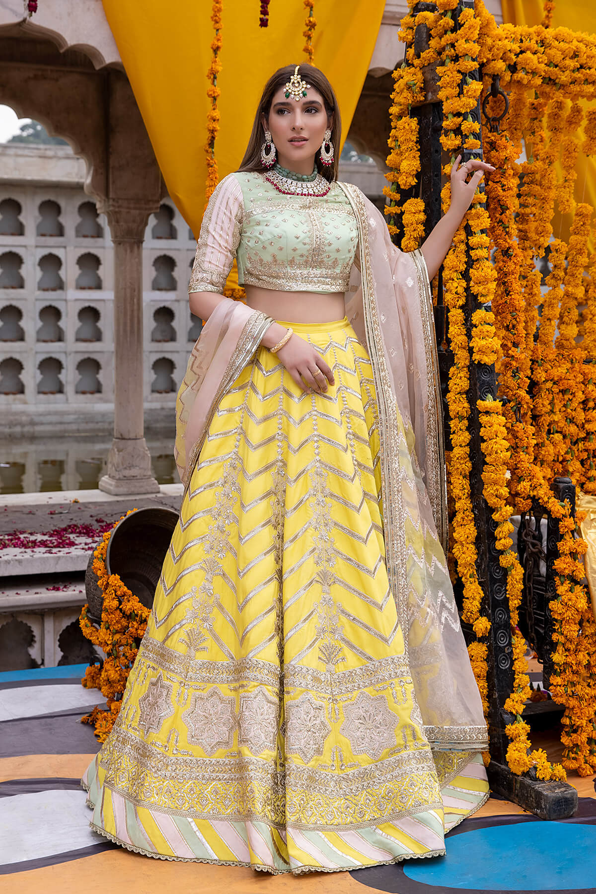 Pakistani Lemon Yellow Embroidered Silk & Zari Organza Lehenga (3-Piece) - Image 4