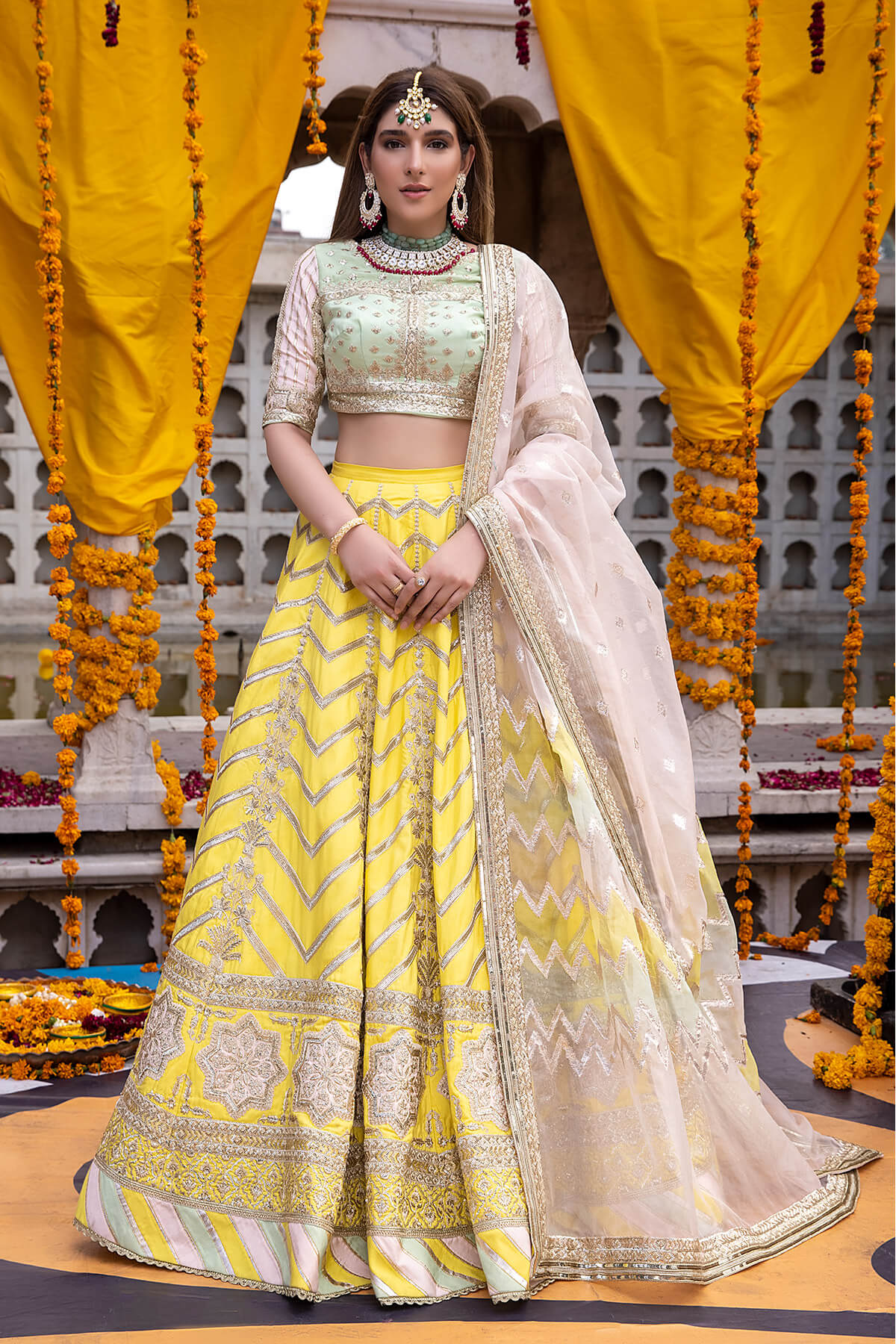 Pakistani Lemon Yellow Embroidered Silk & Zari Organza Lehenga (3-Piece) - Image 5