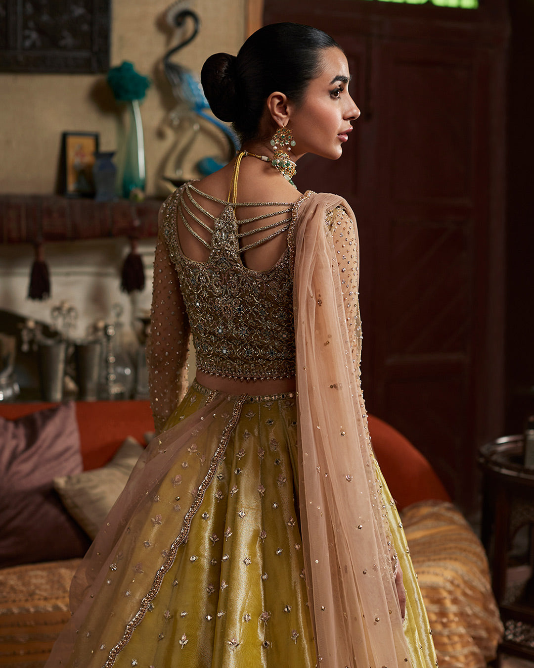 Pakistani Lime Yellow Embroidered Chiffon & Tissue Lehenga (3-Piece) - Image 3
