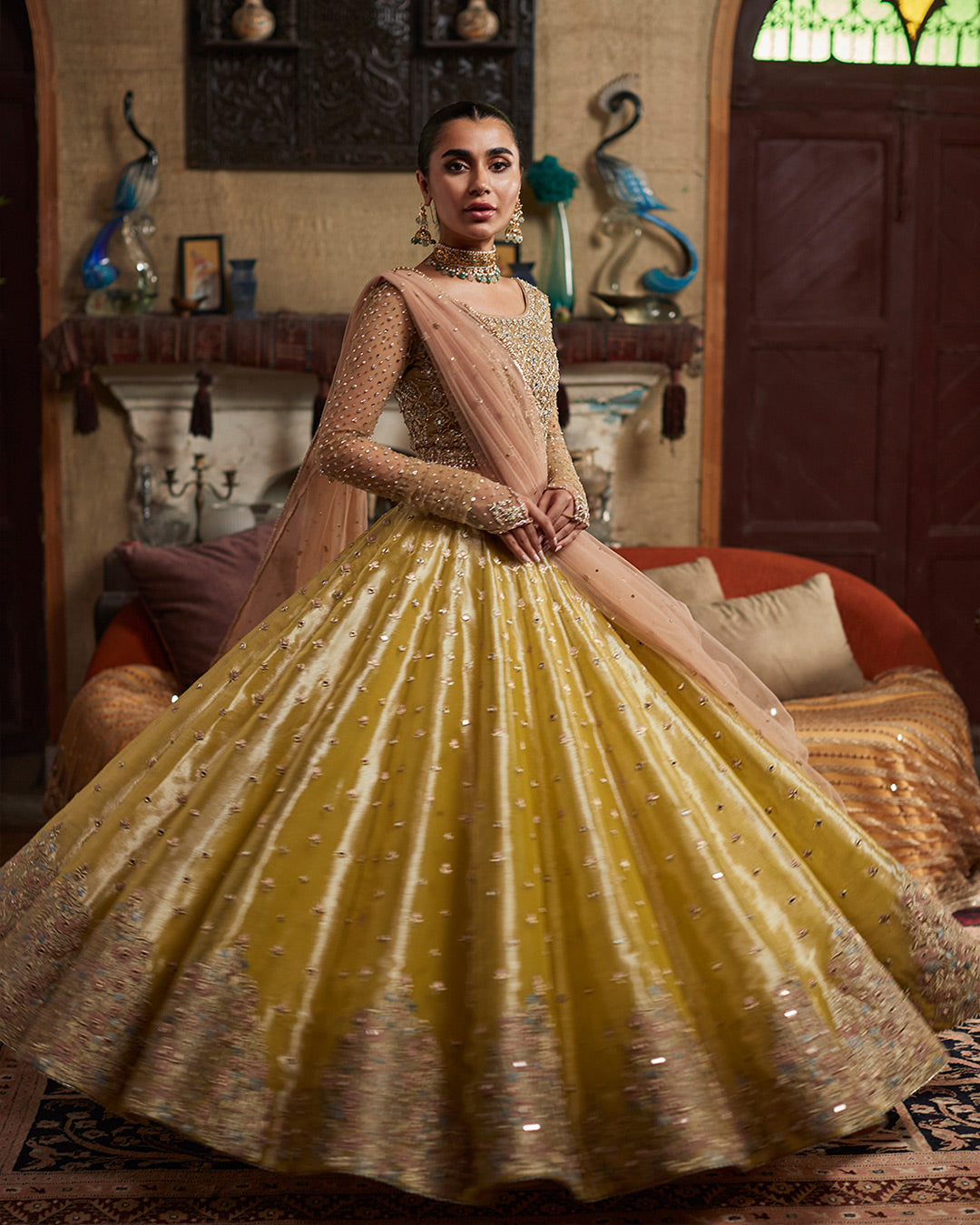 Pakistani Lime Yellow Embroidered Chiffon & Tissue Lehenga (3-Piece) - Image 5