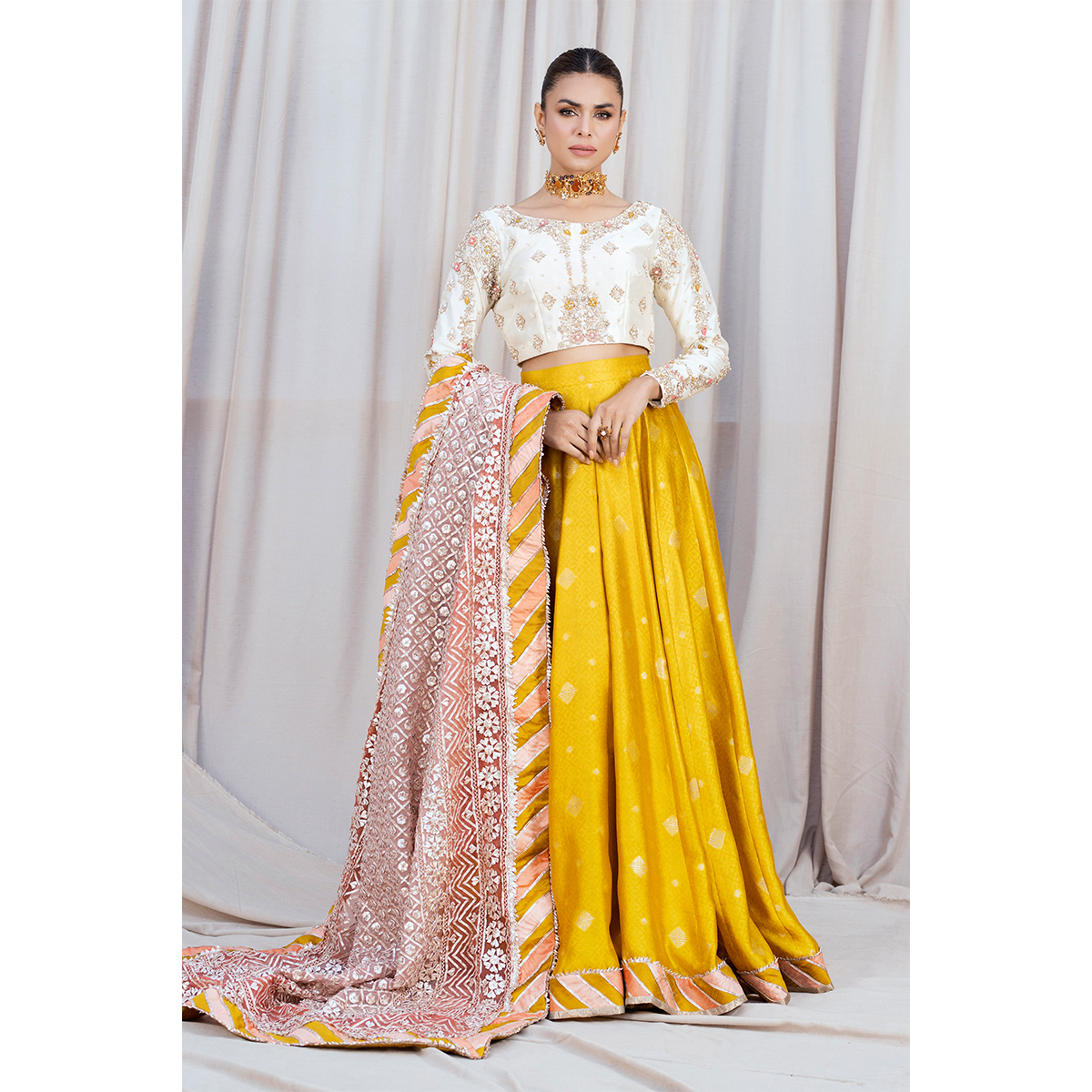Pakistani Marigold Zardozi Tissue Silk Kalidar Lehenga (4-Piece) - Image 1