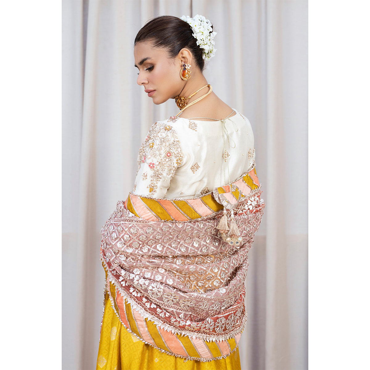 Pakistani Marigold Zardozi Tissue Silk Kalidar Lehenga (4-Piece) - Image 3