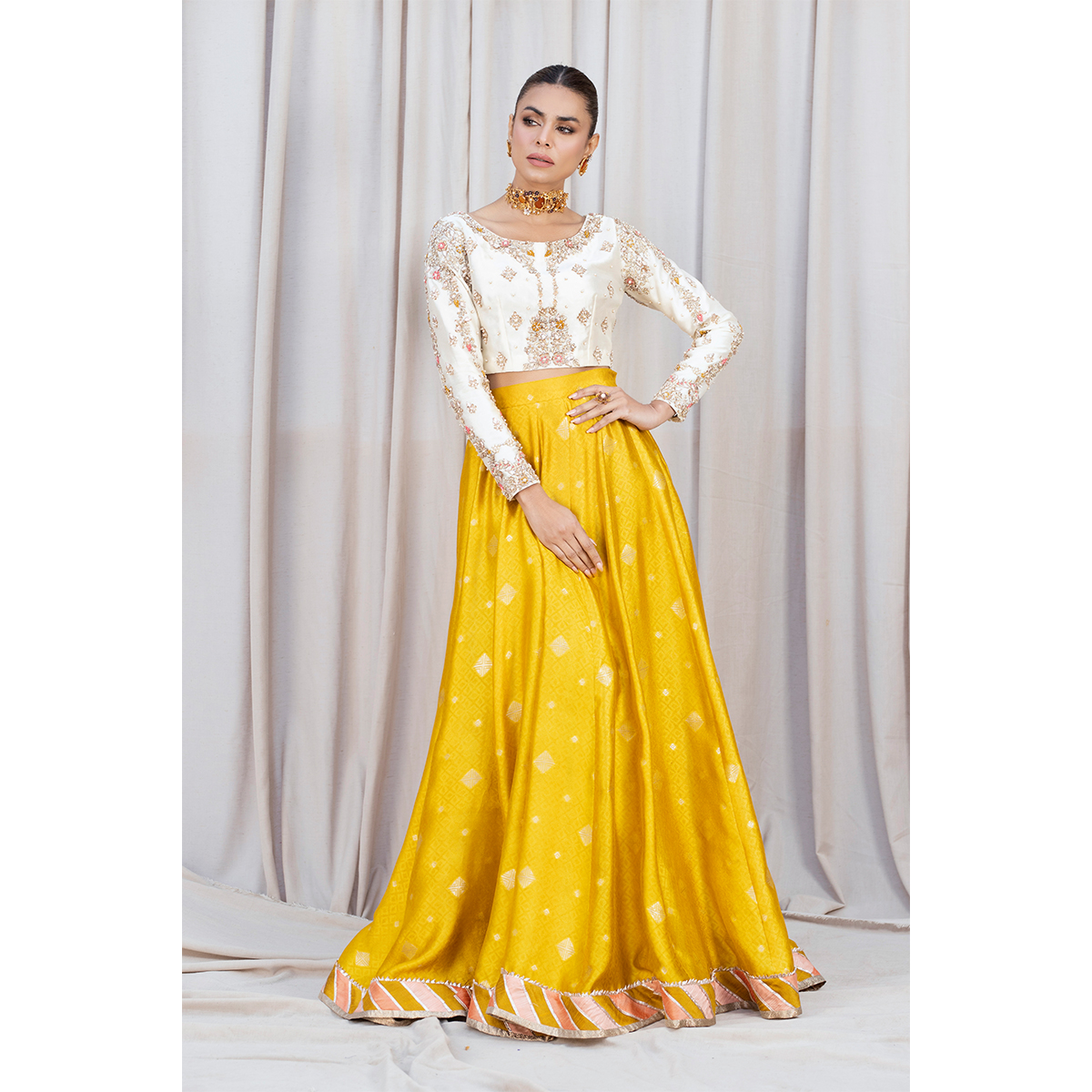 Pakistani Marigold Zardozi Tissue Silk Kalidar Lehenga (4-Piece) - Image 4