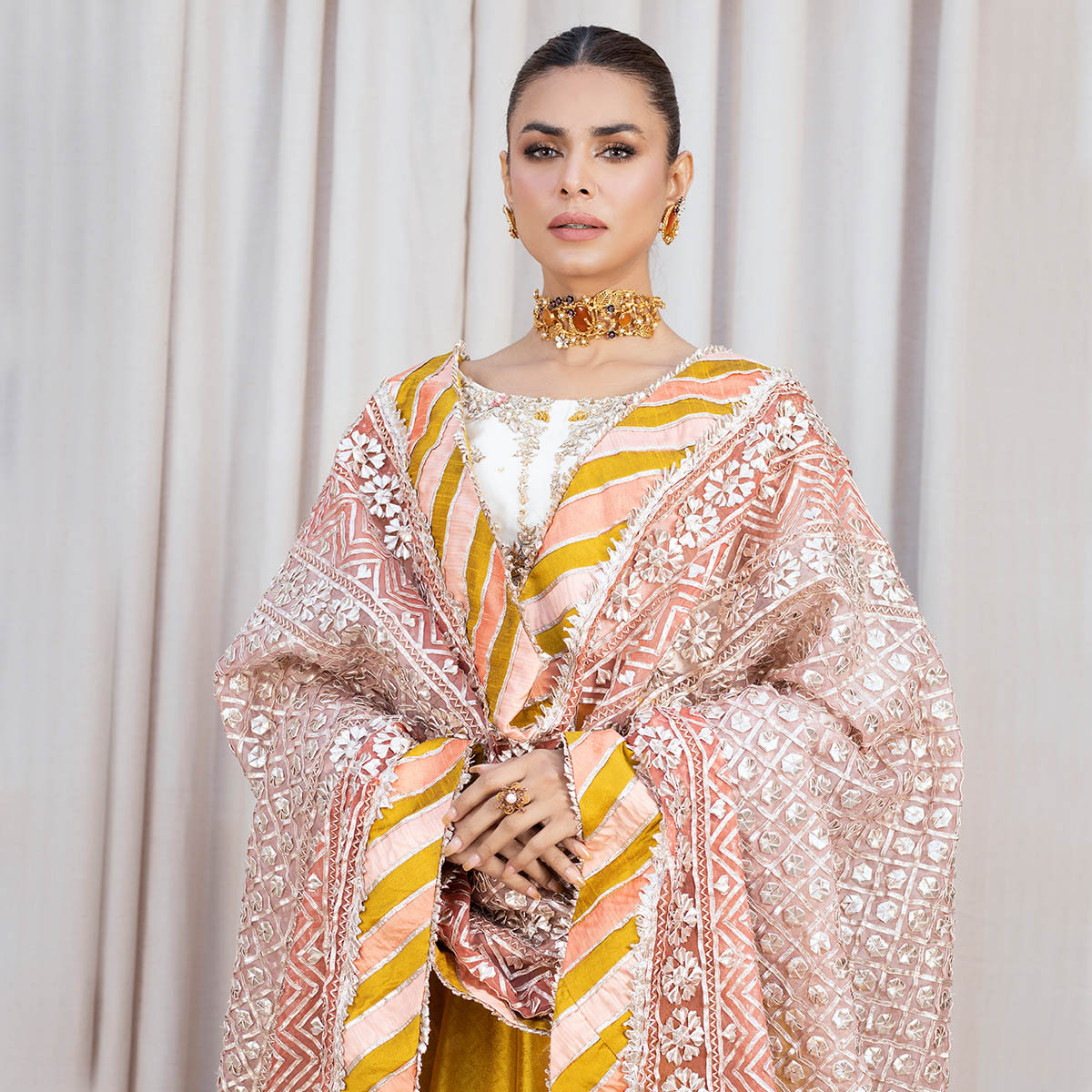 Pakistani Marigold Zardozi Tissue Silk Kalidar Lehenga (4-Piece) - Image 6