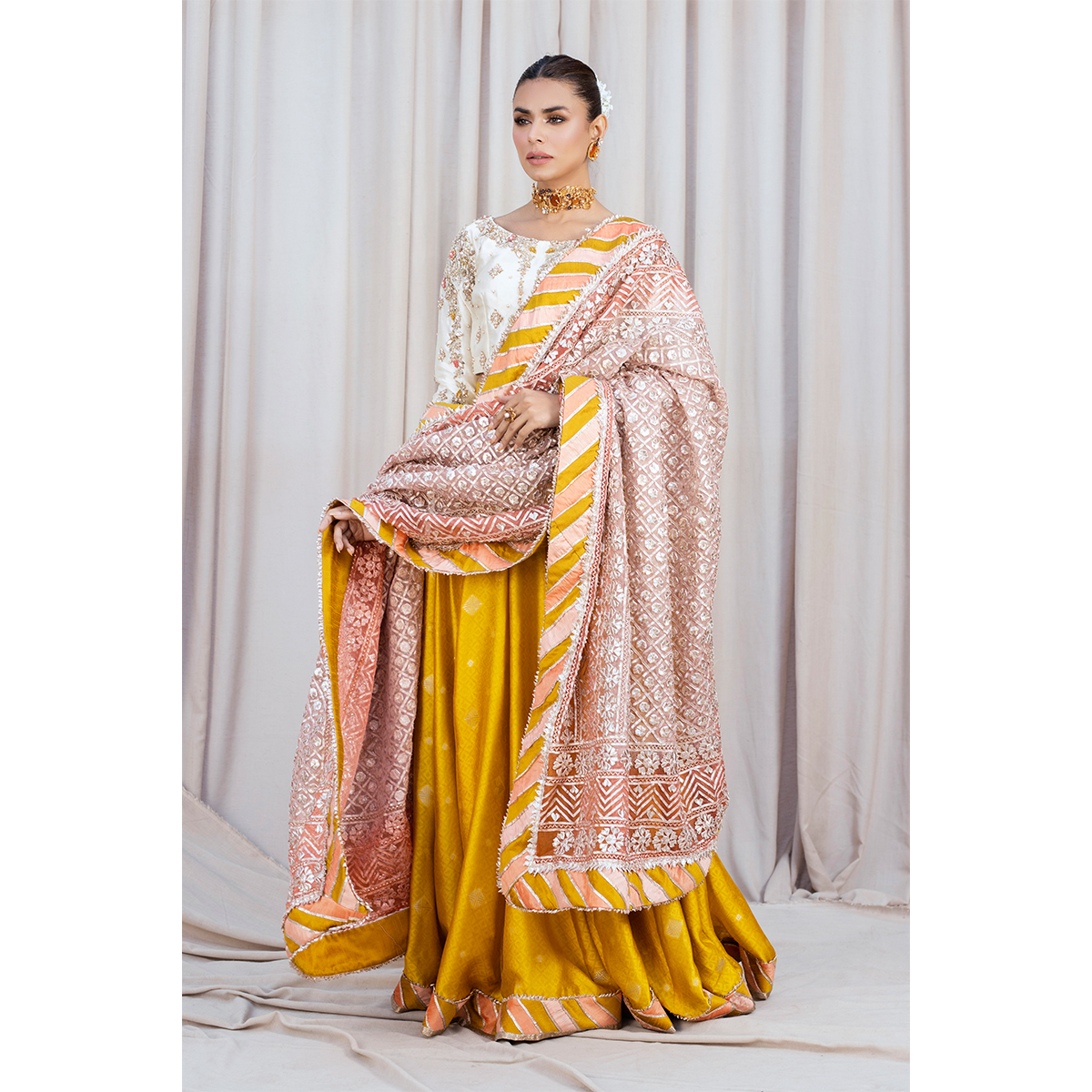 Pakistani Marigold Zardozi Tissue Silk Kalidar Lehenga (4-Piece) - Image 7