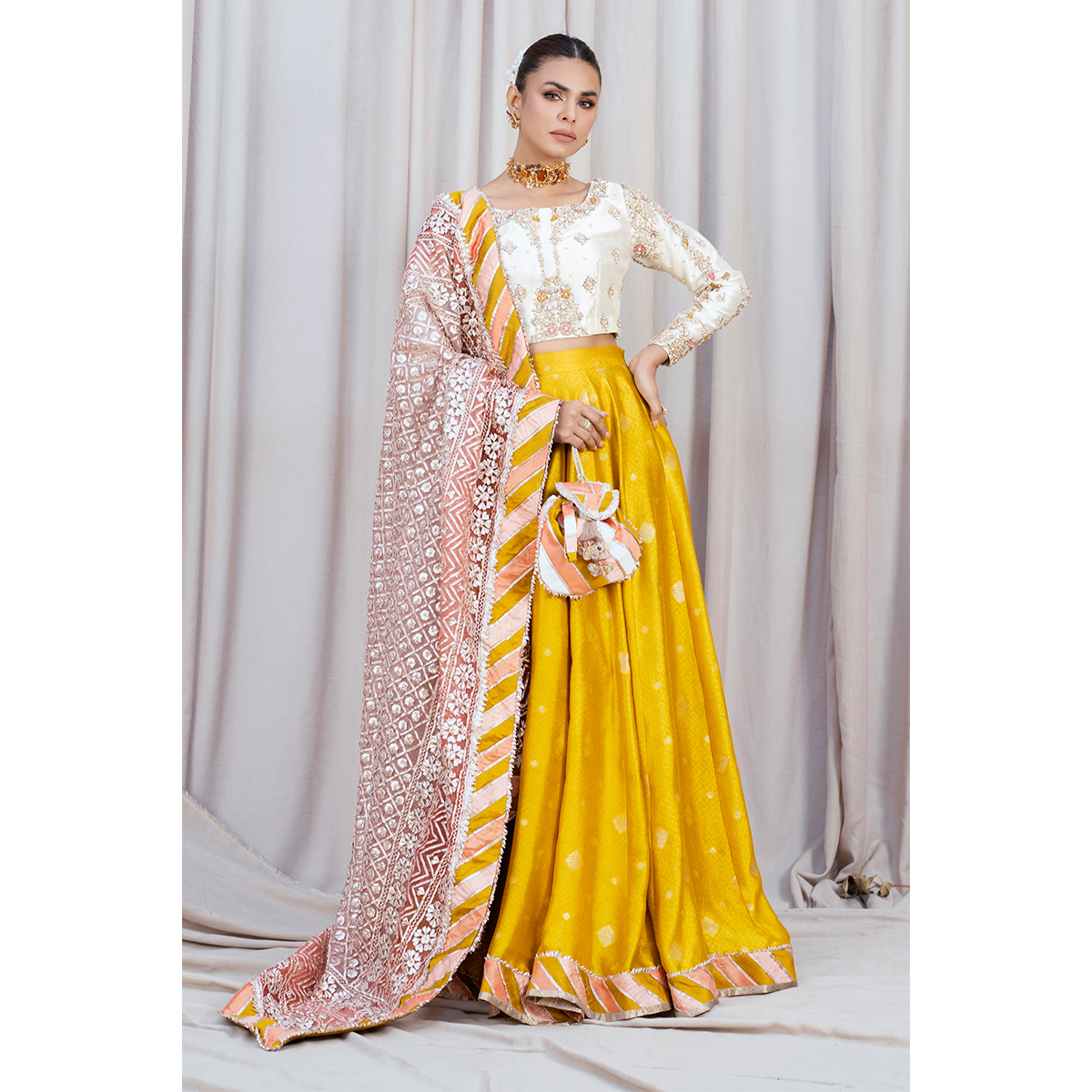 Pakistani Marigold Zardozi Tissue Silk Kalidar Lehenga (4-Piece) - Image 8