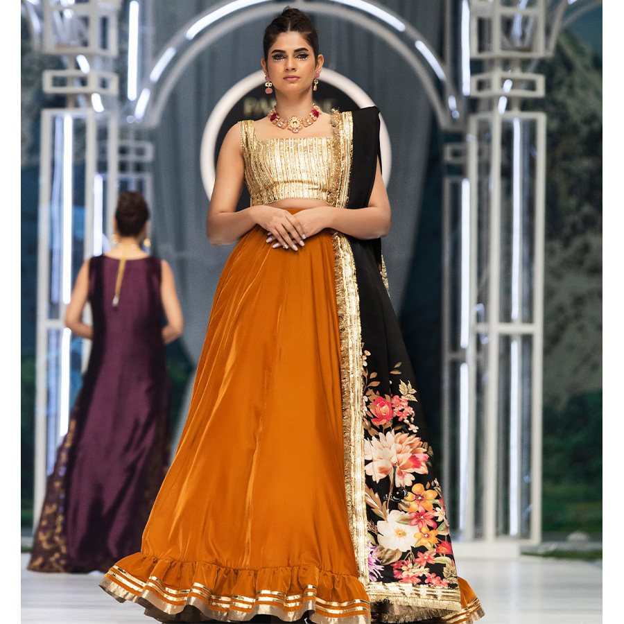 Pakistani Mustard Velvet Gota Lehenga 3-Piece - Image 1