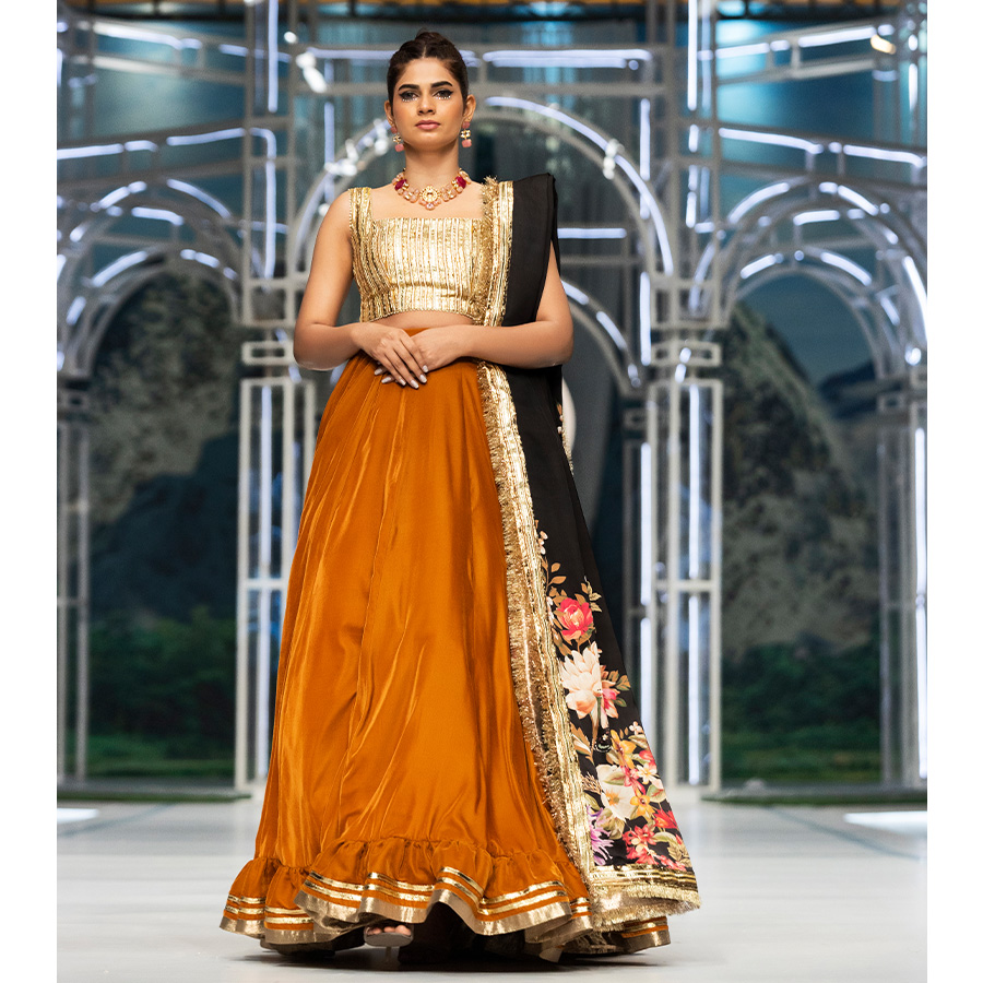 Pakistani Mustard Velvet Gota Lehenga 3-Piece - Image 6
