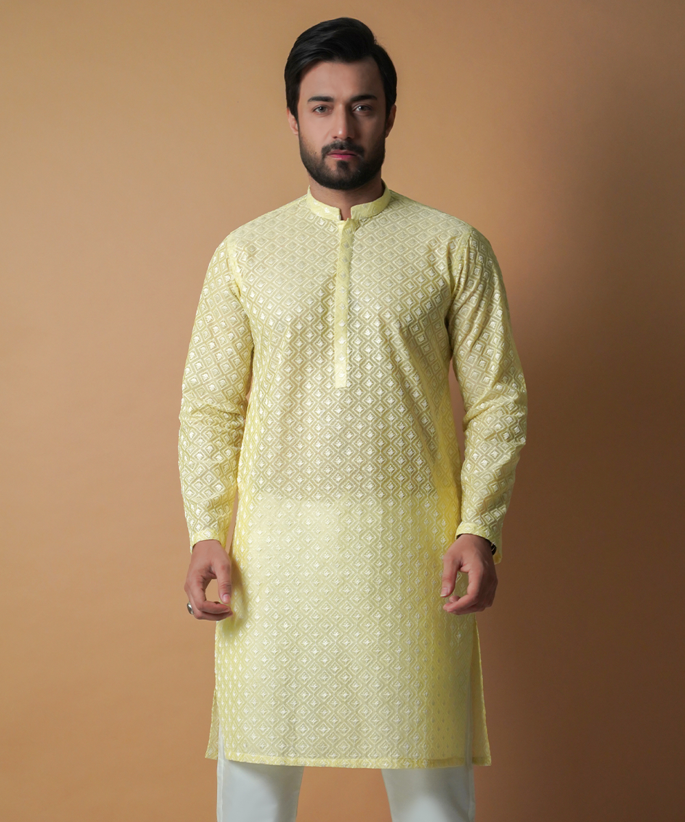 Lemon Chikankari Cotton-Silk Kurta Set (2-Piece) - Image 1