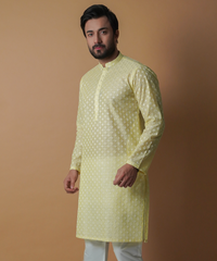 Lemon Chikankari Cotton-Silk Kurta Set (2-Piece) - Image 3