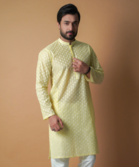 Lemon Chikankari Cotton-Silk Kurta Set (2-Piece) - Image 4