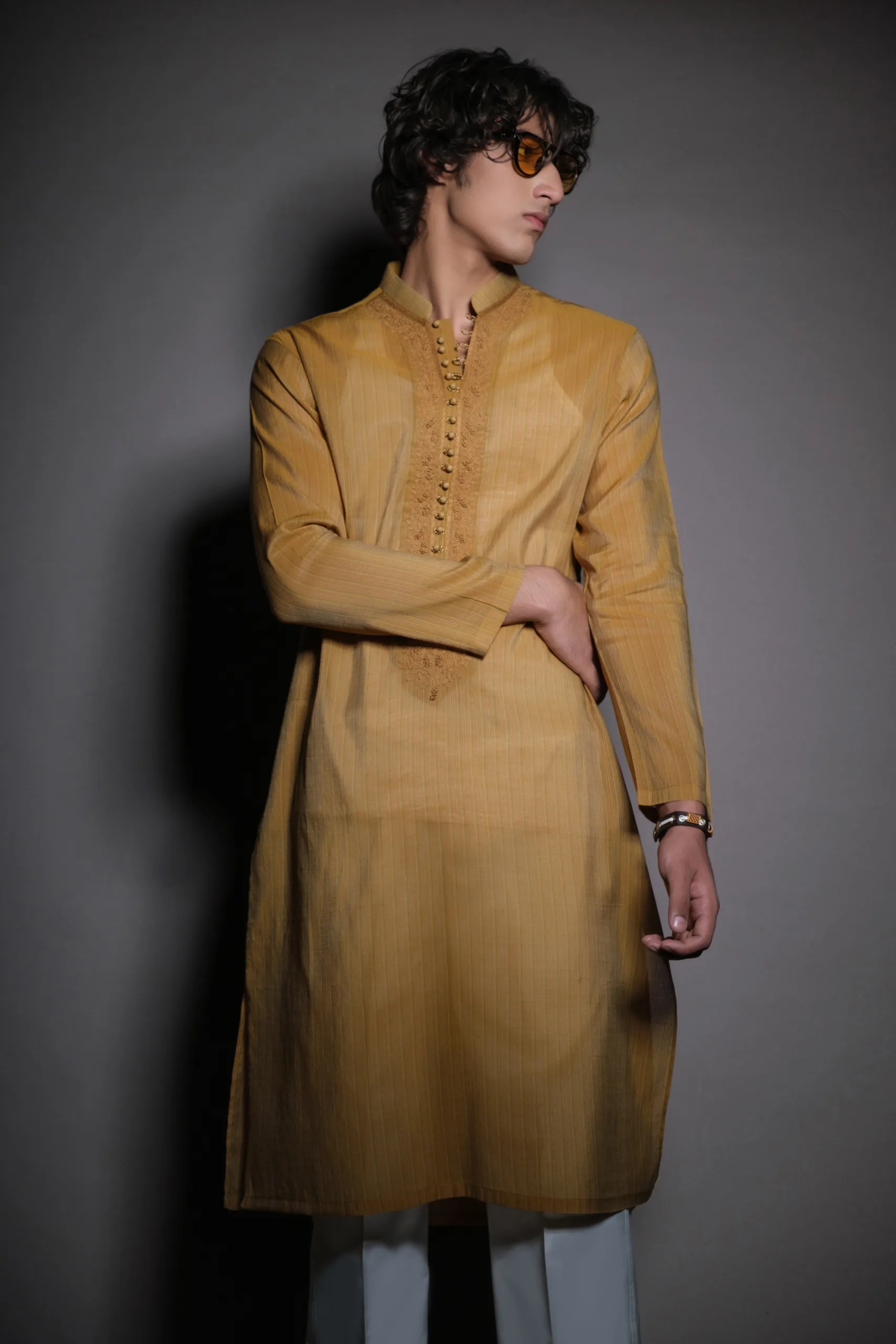 Mustard Embroidered Cotton-Silk Kurta (2-Piece) - Image 1