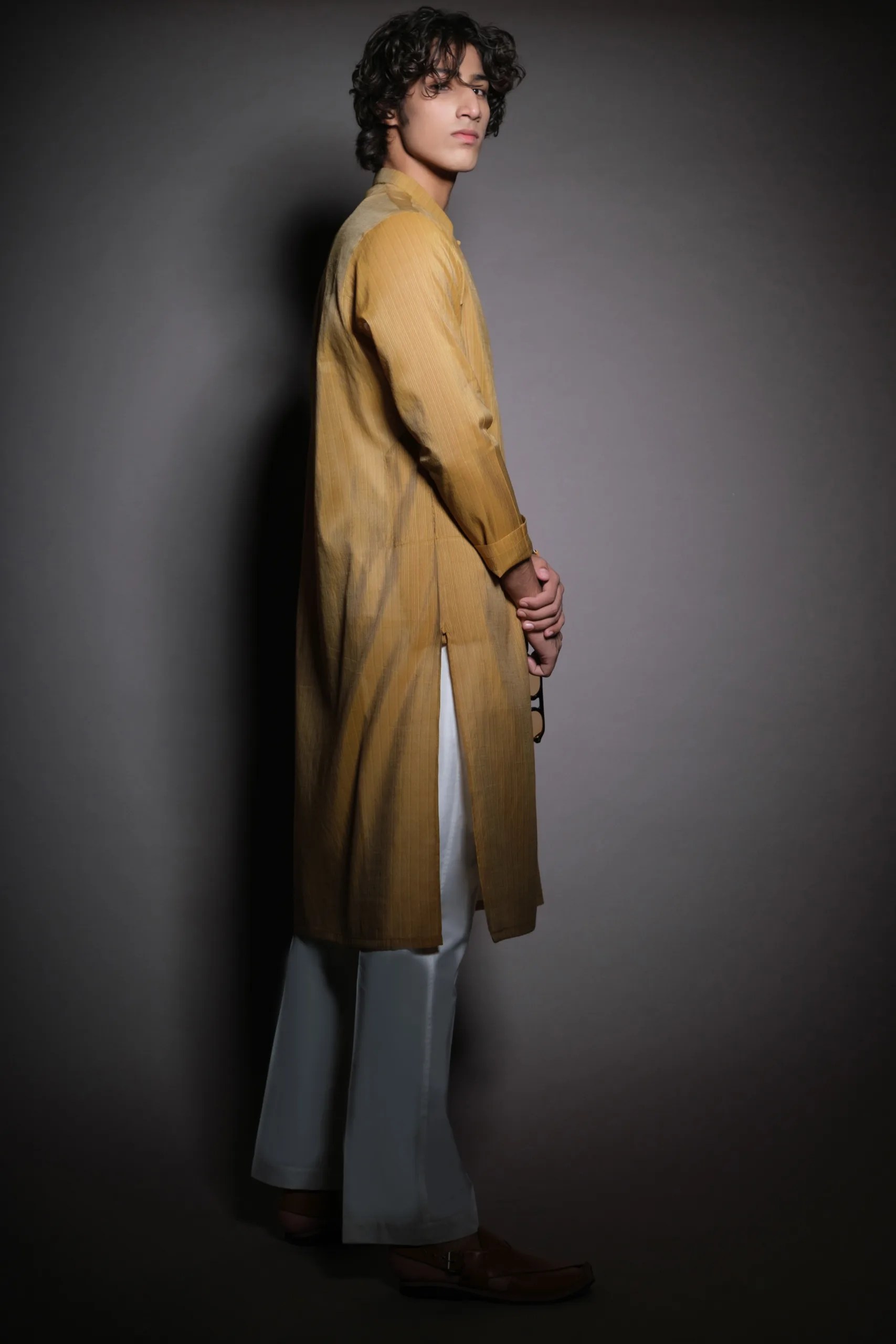 Mustard Embroidered Cotton-Silk Kurta (2-Piece) - Image 2