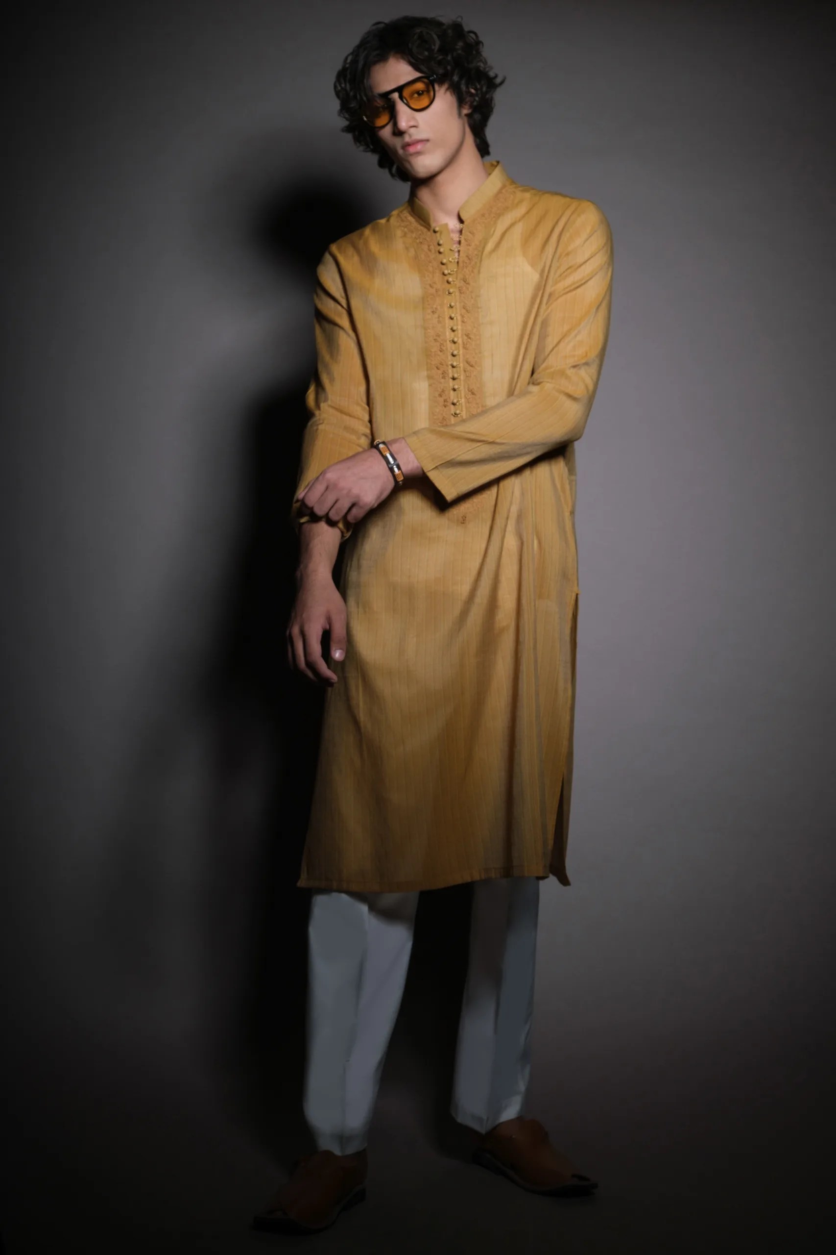 Mustard Embroidered Cotton-Silk Kurta (2-Piece) - Image 4