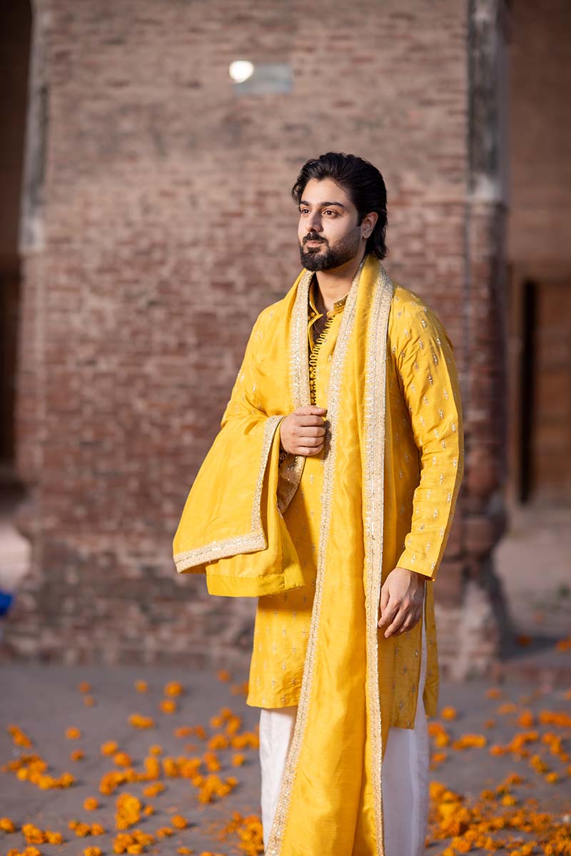 Yellow Embroidered Raw Silk Kurta Set (3-Piece) - Image 2