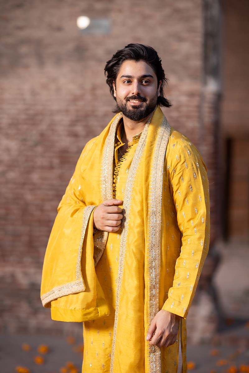 Yellow Embroidered Raw Silk Kurta Set (3-Piece) - Image 3