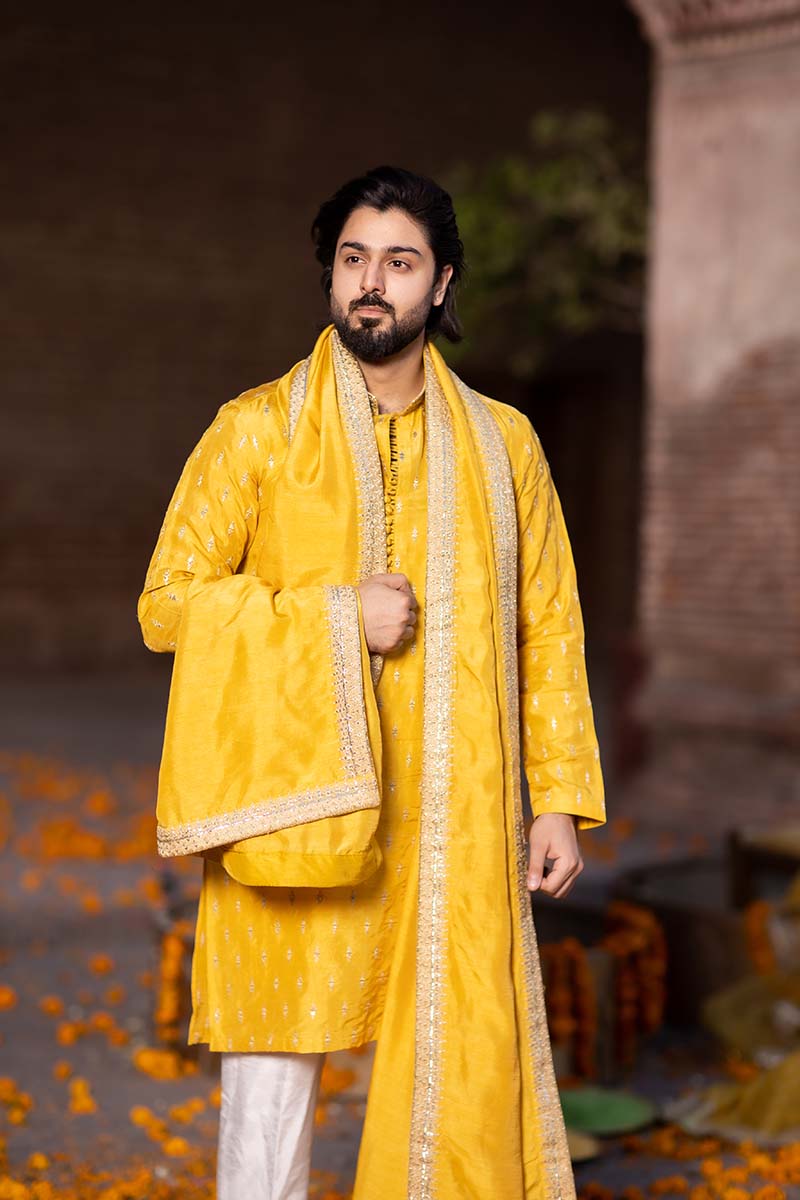 Yellow Embroidered Raw Silk Kurta Set (3-Piece) - Image 4