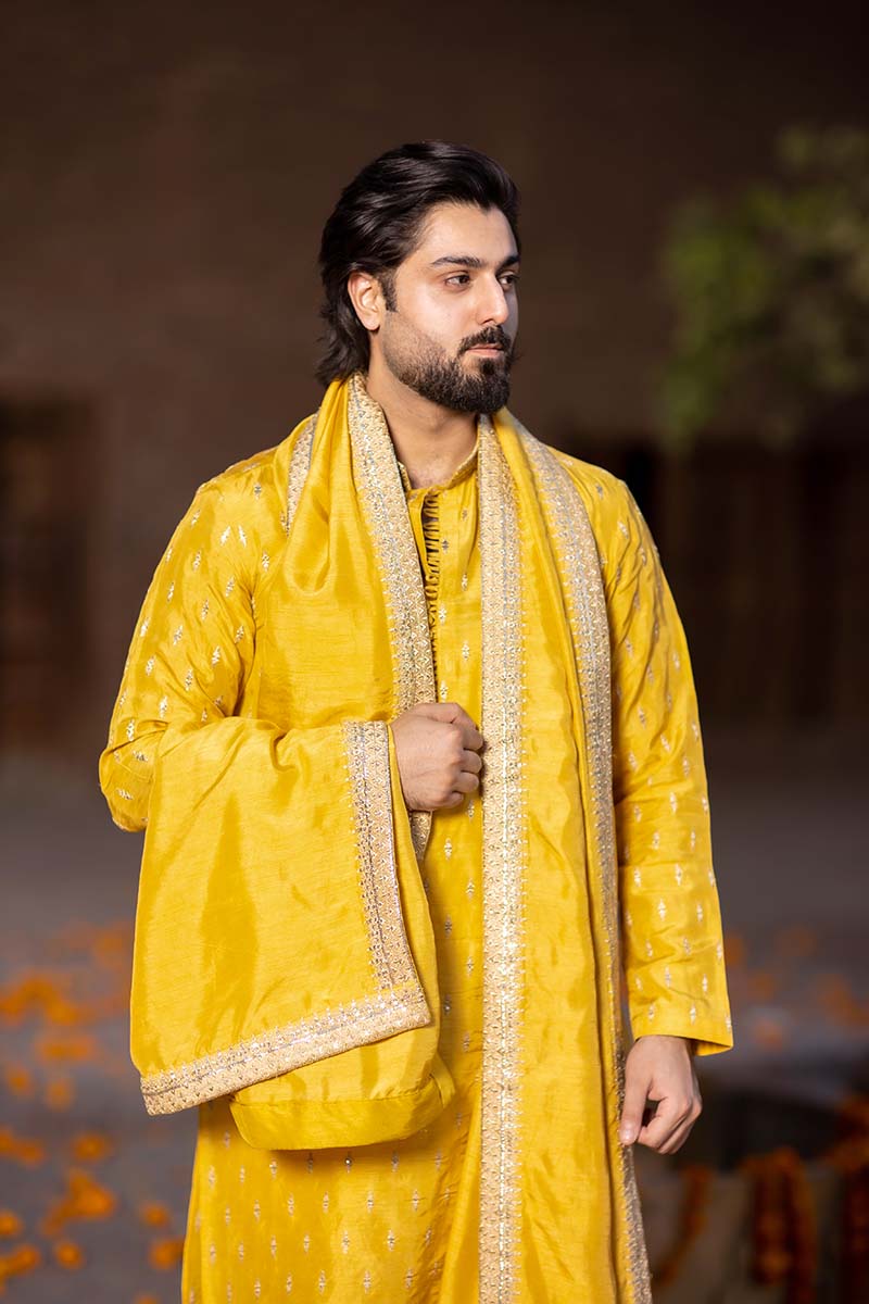 Yellow Embroidered Raw Silk Kurta Set (3-Piece) - Image 5