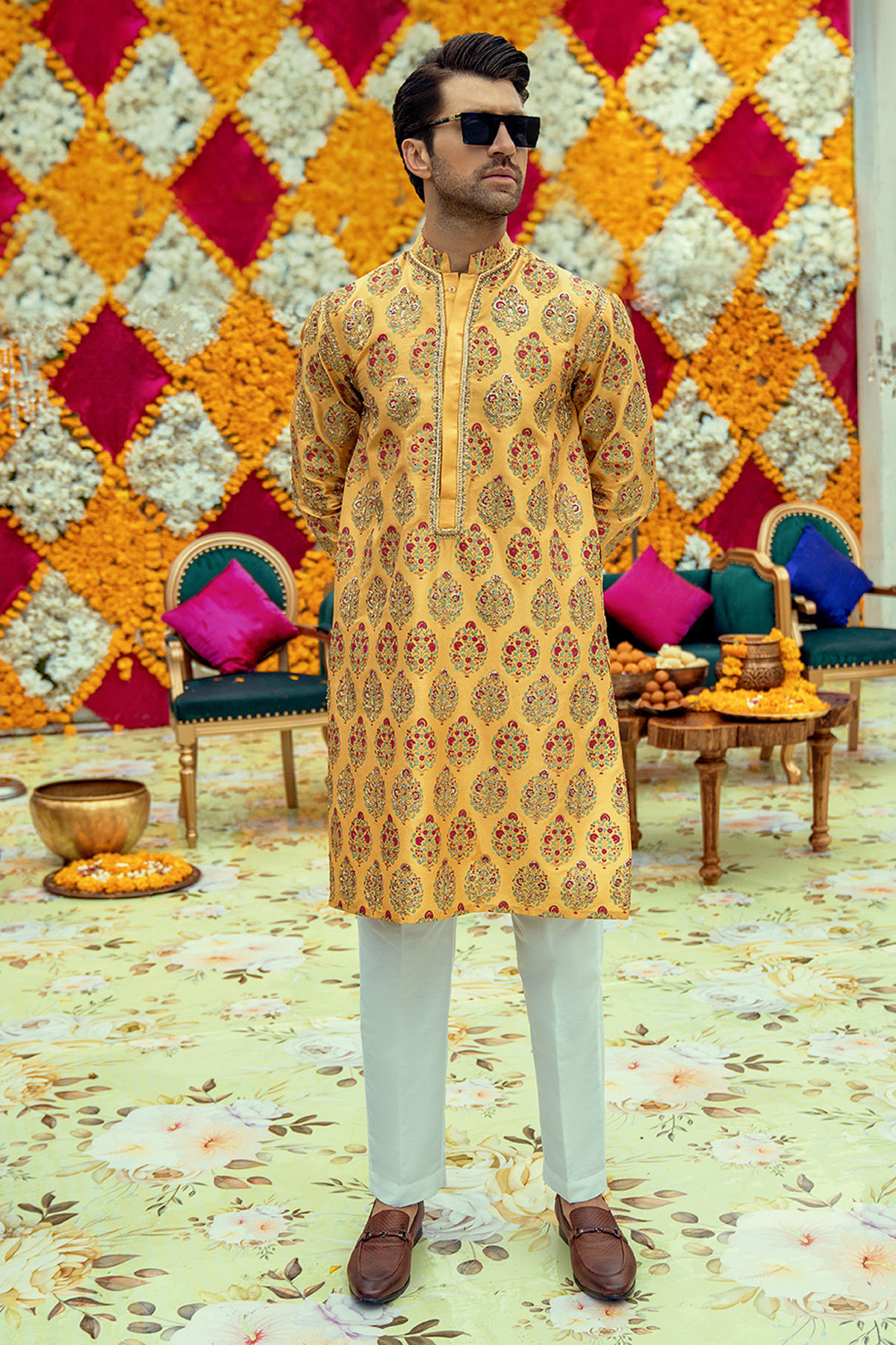 Canary Yellow Zardozi Embroidered Raw Silk Kurta (2-Piece) - Image 1