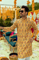 Canary Yellow Zardozi Embroidered Raw Silk Kurta (2-Piece) - Image 5