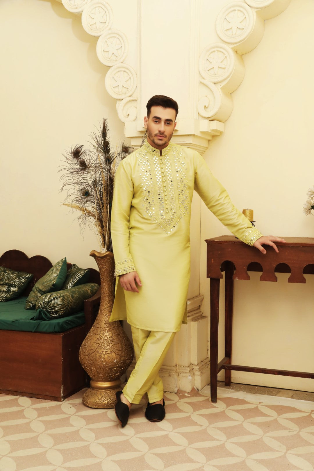 Lime Yellow Mirror Work Silk-Blend Kurta Pajama (2-Piece) - Image 1