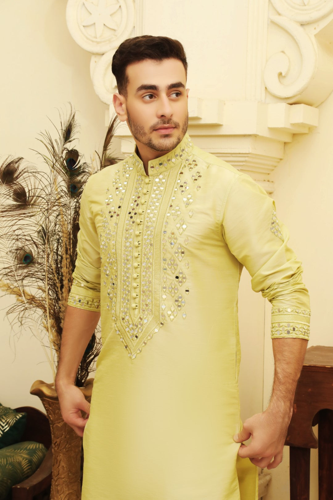 Lime Yellow Mirror Work Silk-Blend Kurta Pajama (2-Piece) - Image 3
